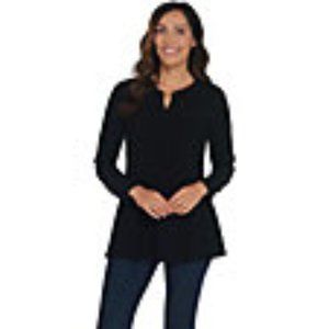 Susan Graver Textured Liquid Knit Fit & Flare Top with Trim /Black, X-Large